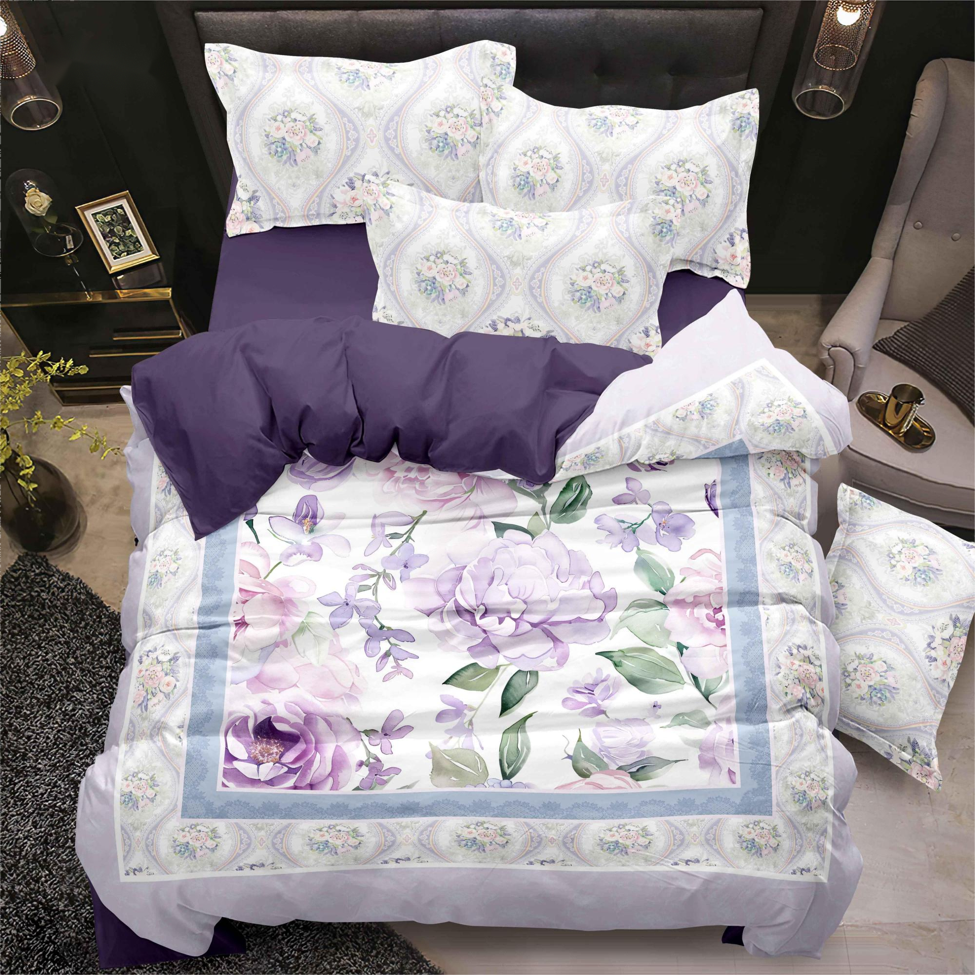 Conjunto de lençóis de impressão digital floral roxa
