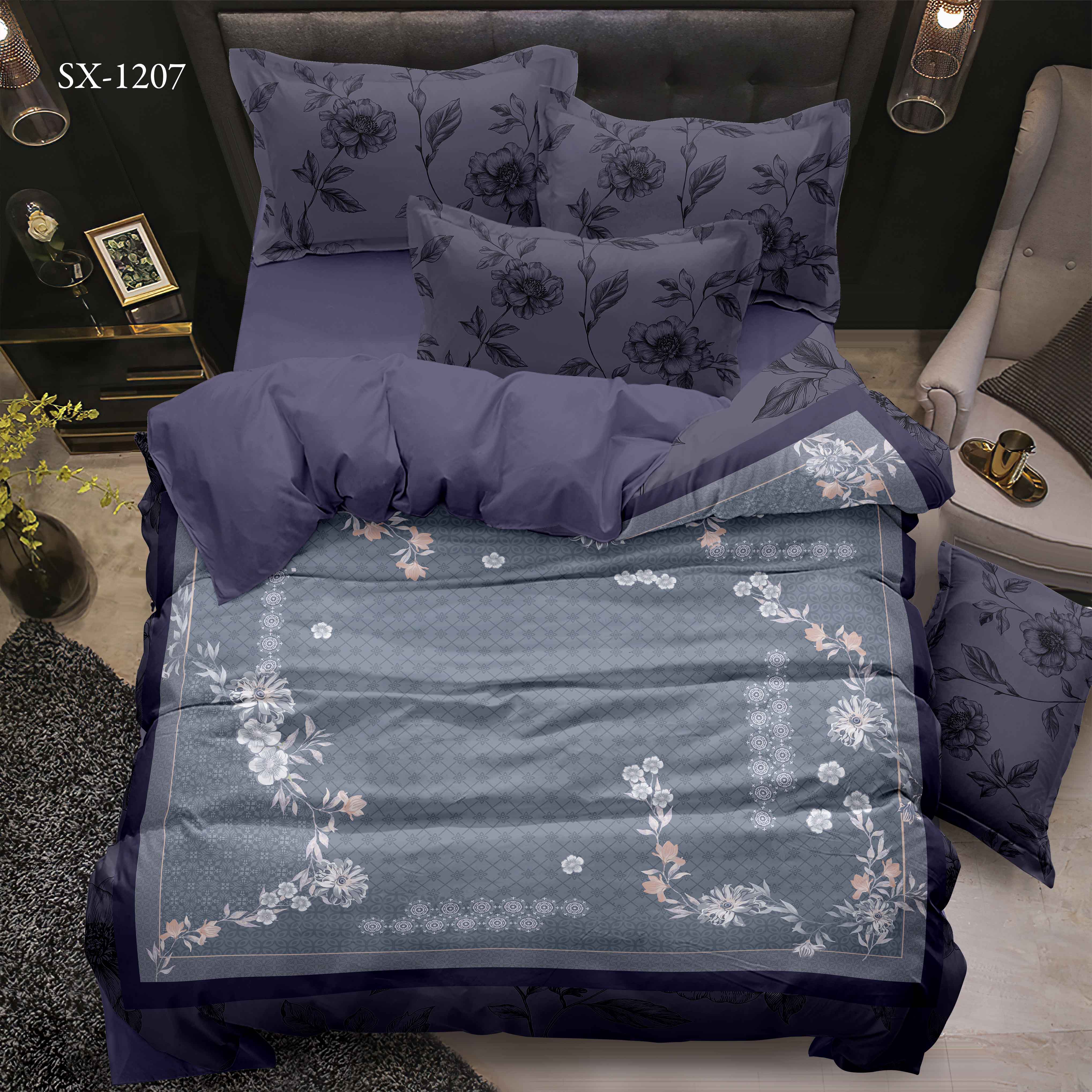 5D Digital Impressed Bed Sheet com borda floral e design de padrões geométricos