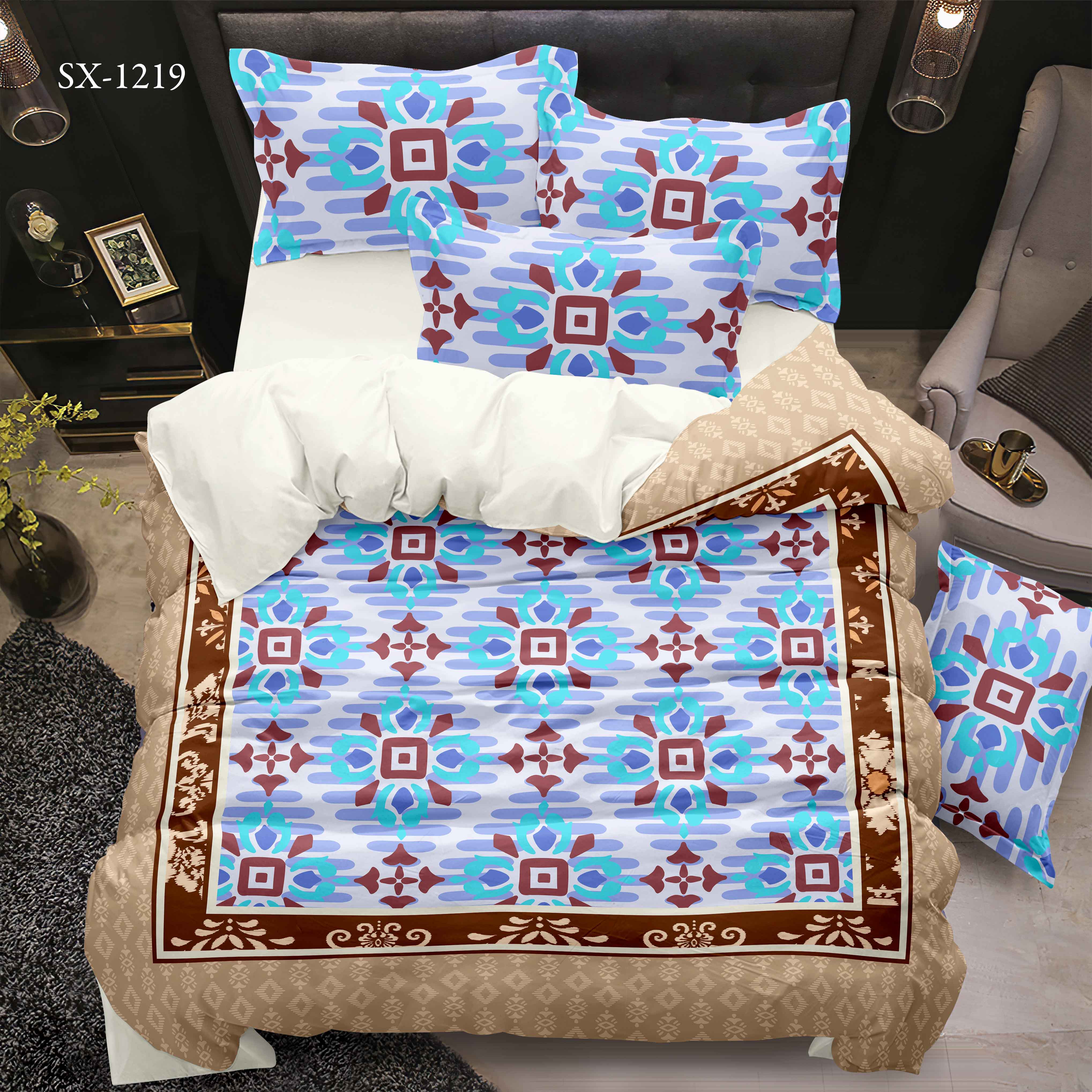 5D Digital Impressed Bed Sheet com mosaico geométrico e design de borda decorativa