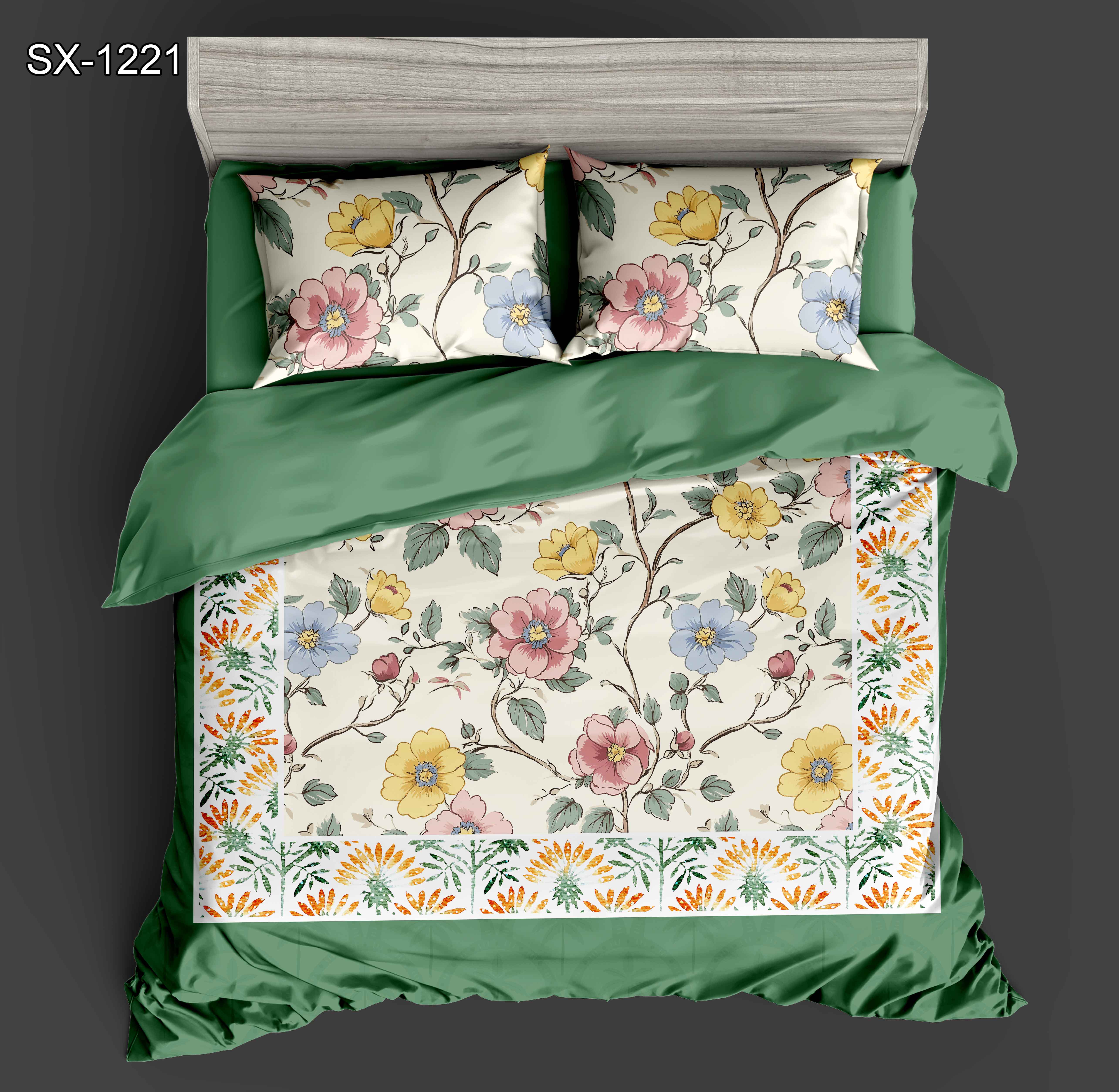 Floral de lençóis estampados digitais 5D com flor multicolorida e design de fronteira botânica