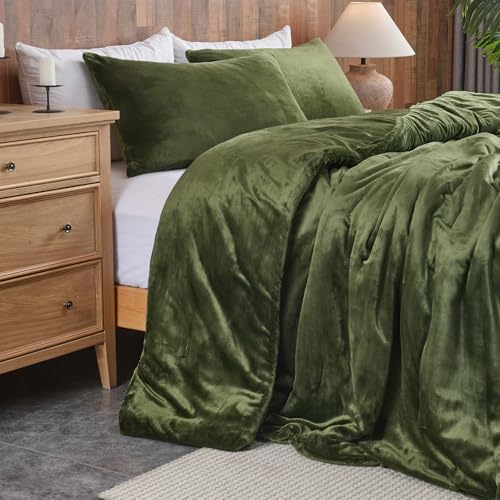 Conjunto de edredom de veludo verde floresta – conjunto de cama acolchoado ultramacio de 3 peças