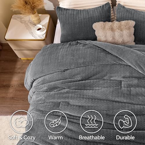 Conjunto de edredom de flanela de malha reversível e veludo – conjunto de cama de 3 peças com textura de folha 3D