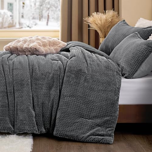 Conjunto de edredom de flanela de malha reversível e veludo – conjunto de cama de 3 peças com textura de folha 3D