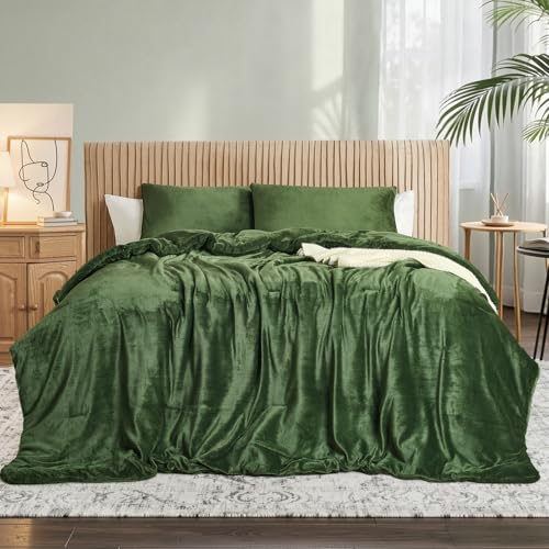 Conjunto de edredom de veludo verde floresta – conjunto de cama acolchoado ultramacio de 3 peças