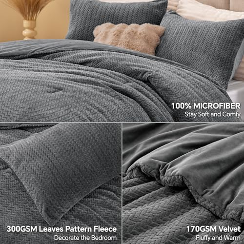 Conjunto de edredom de flanela de malha reversível e veludo – conjunto de cama de 3 peças com textura de folha 3D
