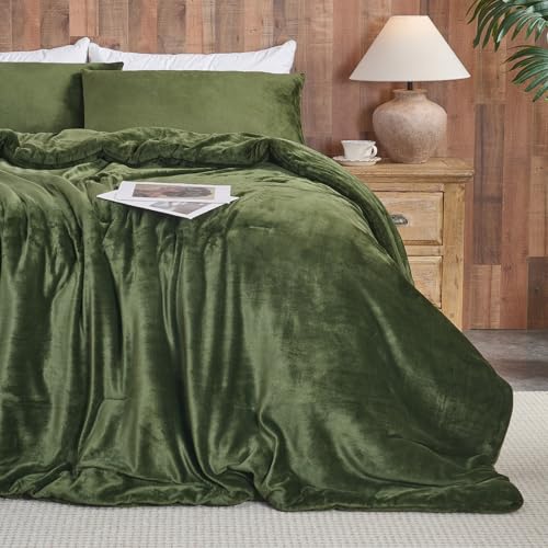 Conjunto de edredom de veludo verde floresta – conjunto de cama acolchoado ultramacio de 3 peças