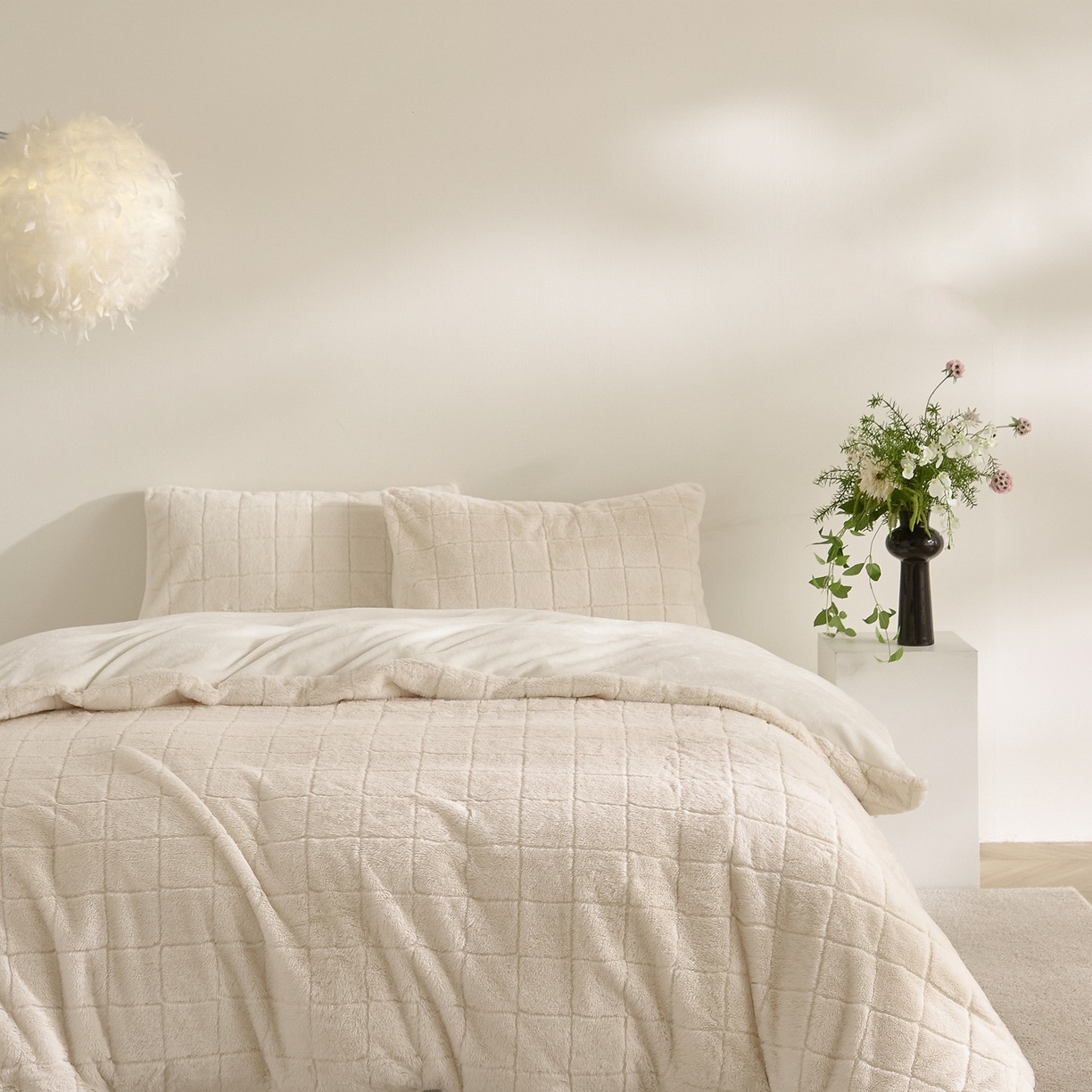 Conjunto de edredom xadrez de pele de coelho falsa e veludo de leite – conjunto de cama de 3 peças em jacquard macio