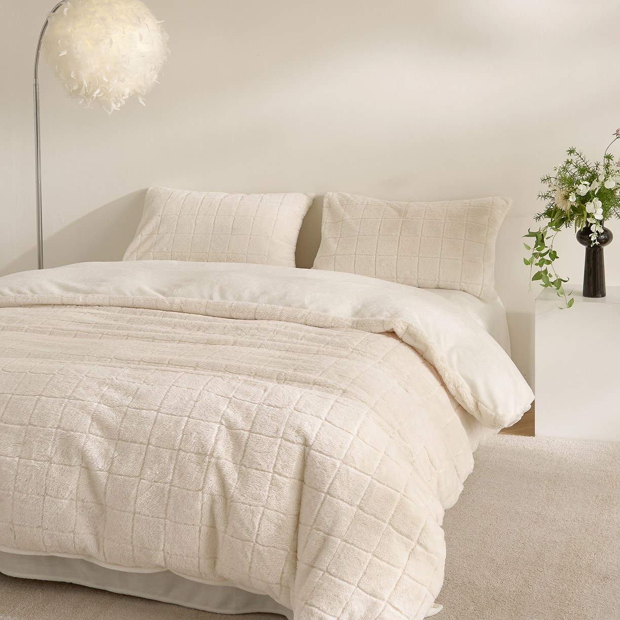 Conjunto de edredom xadrez de pele de coelho falsa e veludo de leite – conjunto de cama de 3 peças em jacquard macio