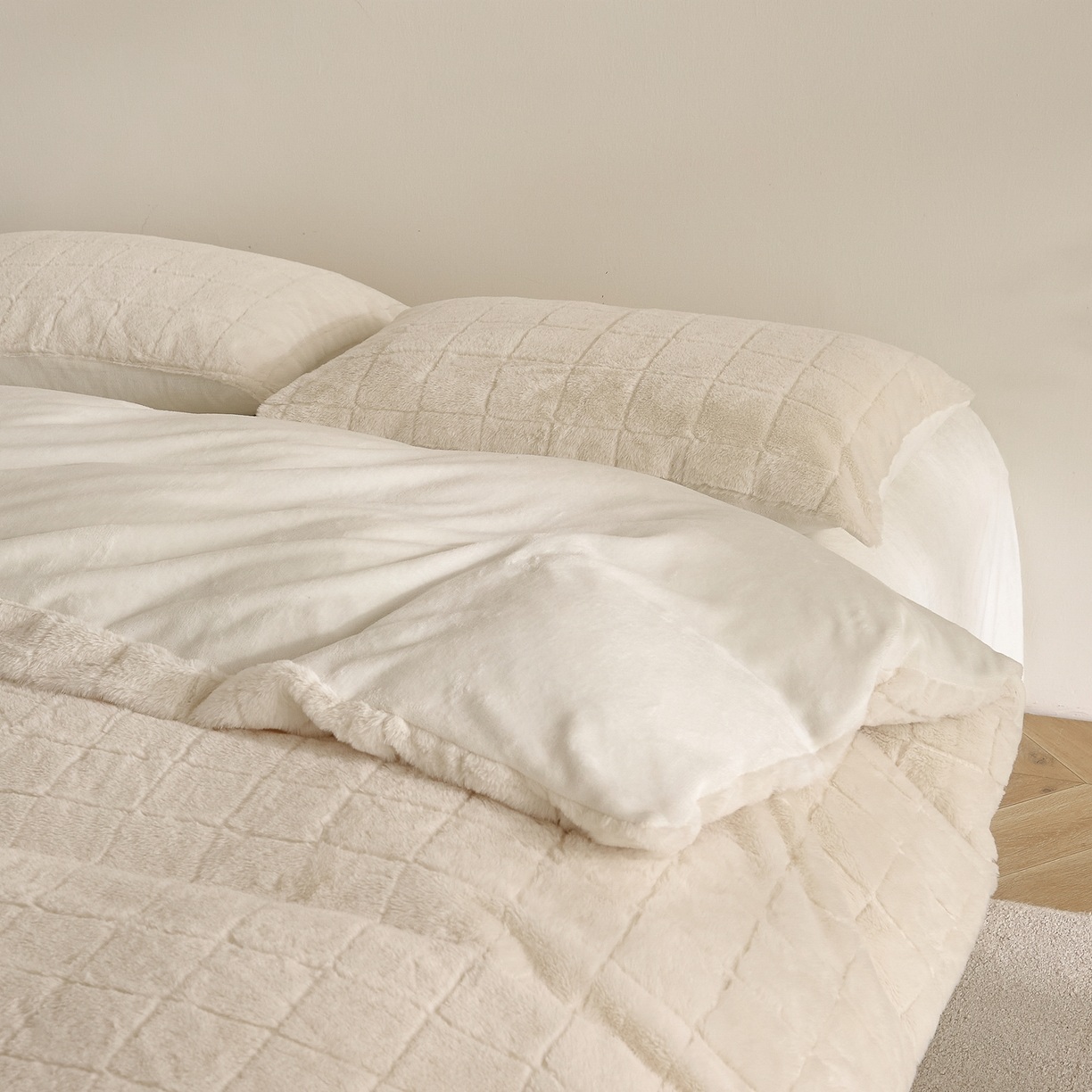 Conjunto de edredom xadrez de pele de coelho falsa e veludo de leite – conjunto de cama de 3 peças em jacquard macio