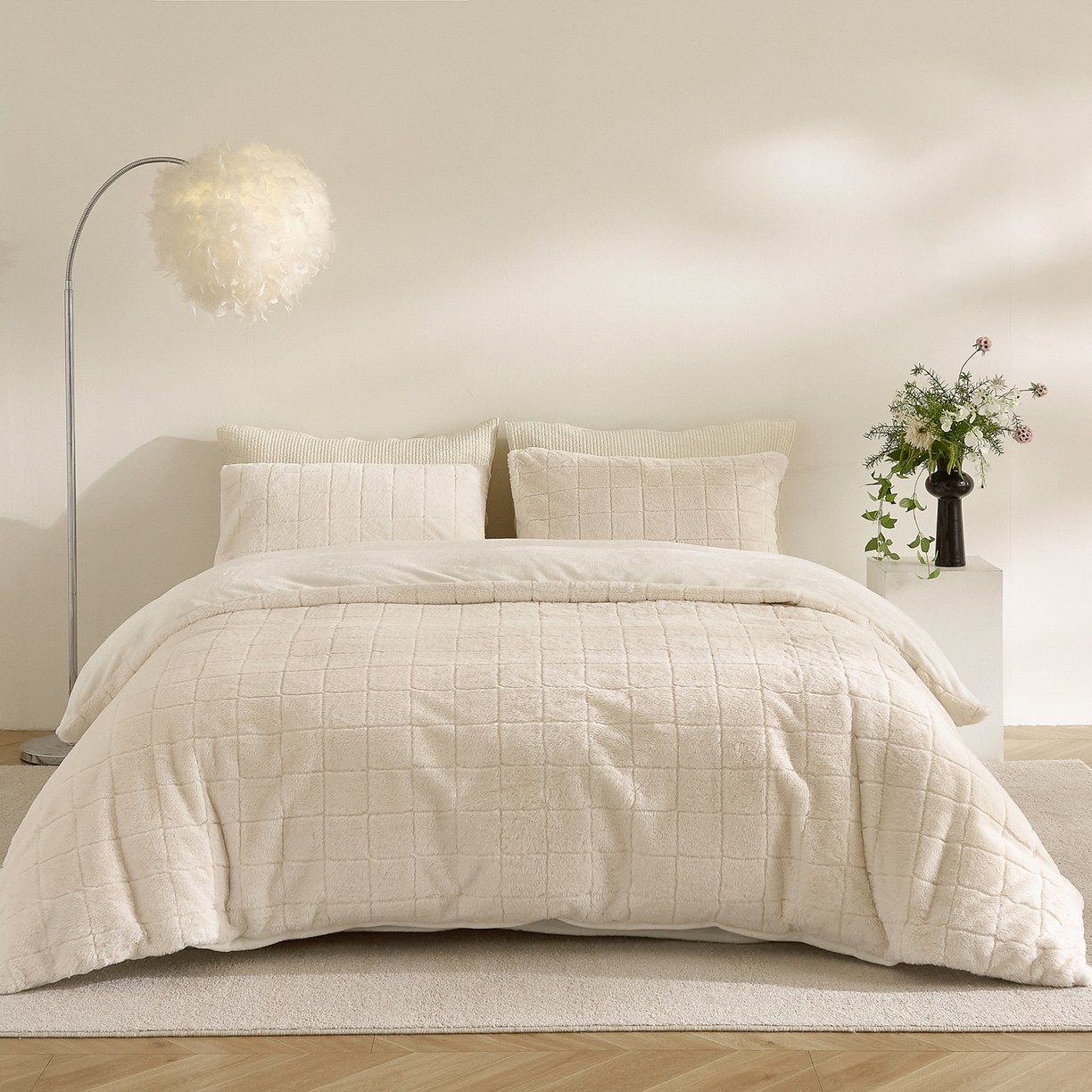 Conjunto de edredom xadrez de pele de coelho falsa e veludo de leite – conjunto de cama de 3 peças em jacquard macio